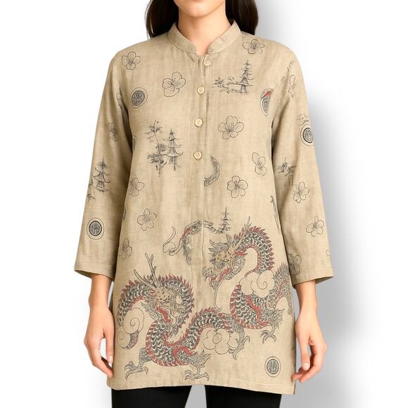 Vintage 90s Citron Santa Monica Linen Tunic Dragon Print Beige Red Asian Top - Picture 1 of 11